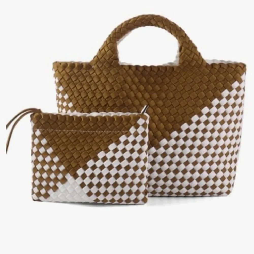 Brown and White Woven Tote Bag Set